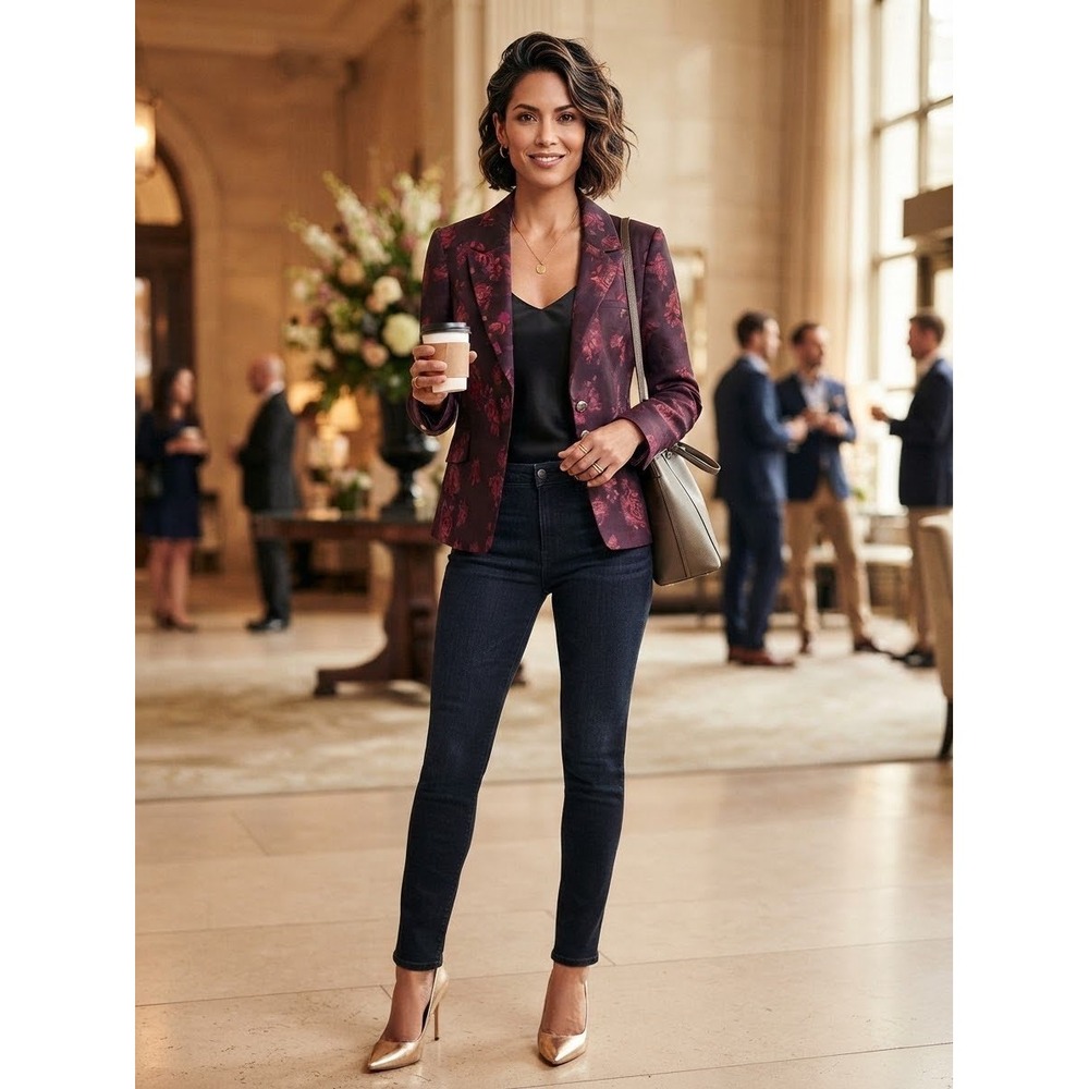 White House Black Market Rose Jacquard Blazer Grenadine Black Floral 14